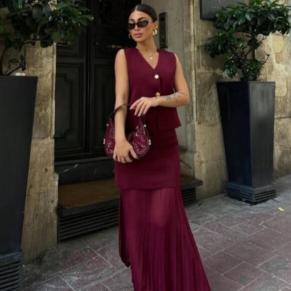 ZARA High-Waisted Pleated Skirt NWT | Burgundy Midi Mixed Media M - Picture 14 of 16